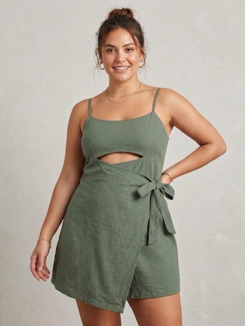La Hearts Olive Green Tie-Side Swim Coverup Romper